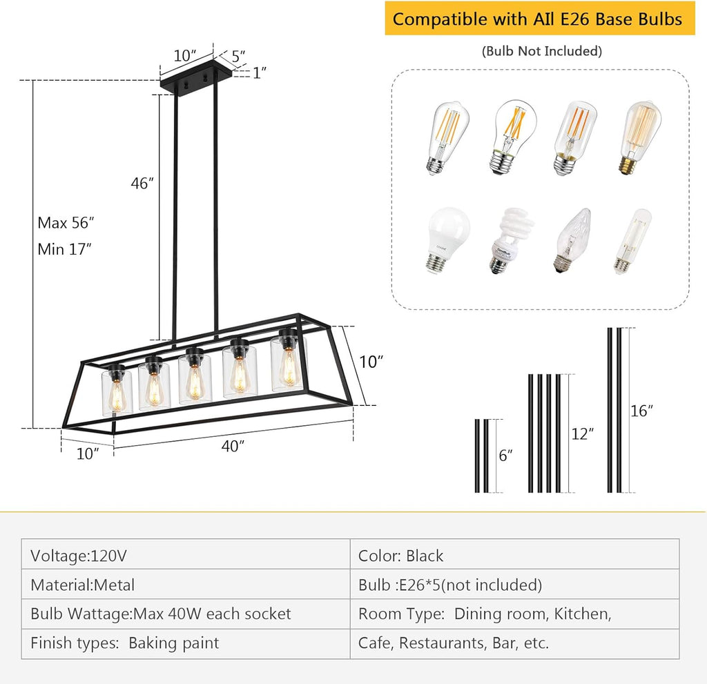 5-Light Farmhouse Kitchen Island Chandelier